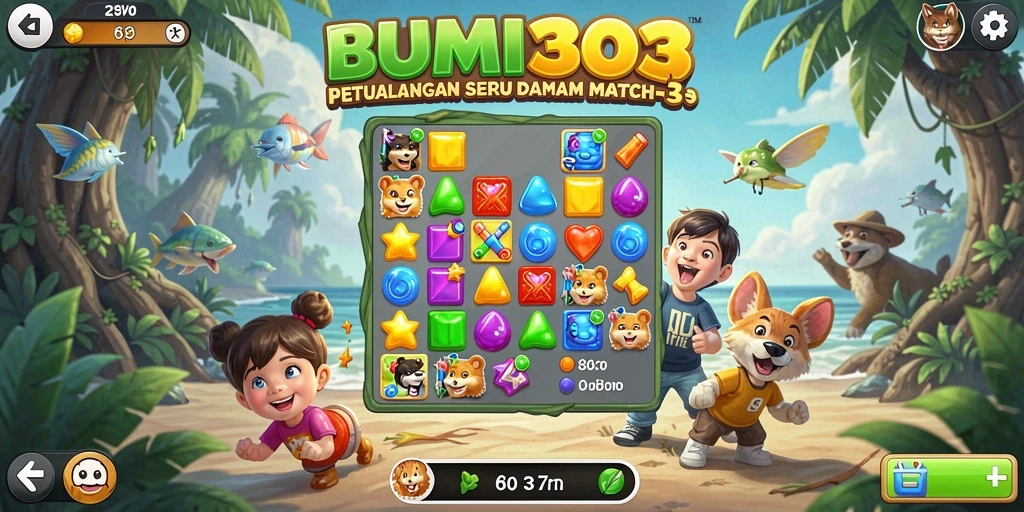 Tampilan gameplay seru dalam permainan BUMI303 Match-3.