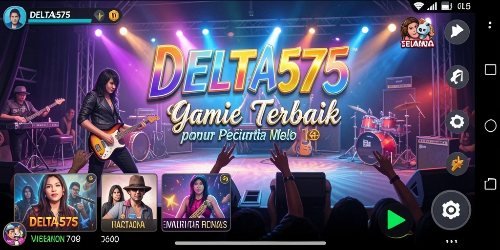 Tampilan interaktif gameplay DELTA575 yang penuh warna saat bermain musik.