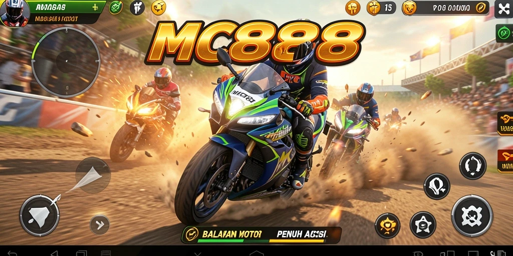 Screenshot gameplay seru dari MC888 yang memperlihatkan aksi balapan motor.