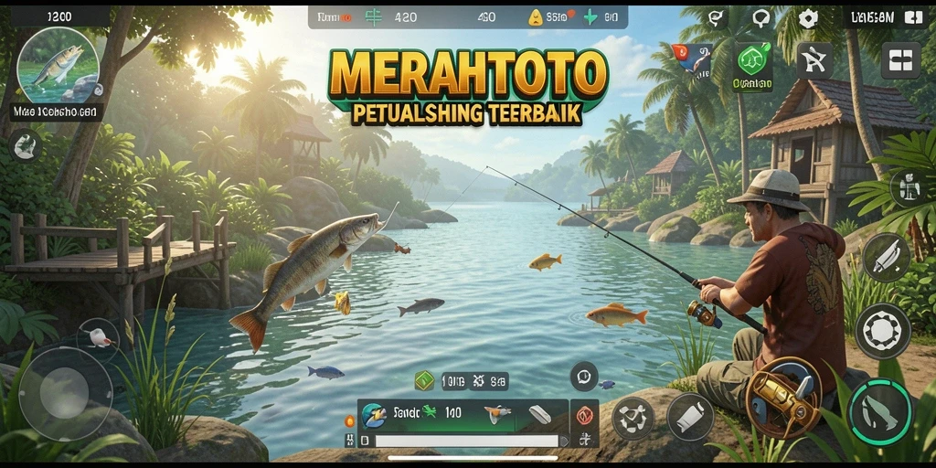 Screenshot gameplay MERAHTOTO, menunjukkan aksi memancing yang mendebarkan.