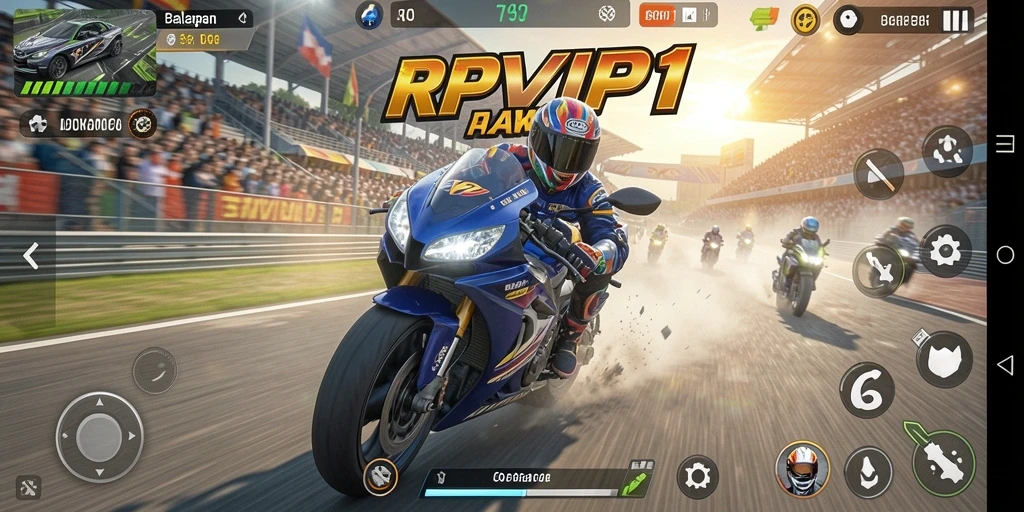 Screenshot RPVIP1 menampilkan aksi balapan motor yang seru.
