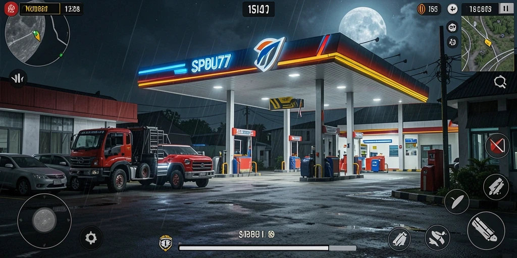 Tangkapan layar gameplay SPBU77 yang menampilkan suasana seram di malam hari.